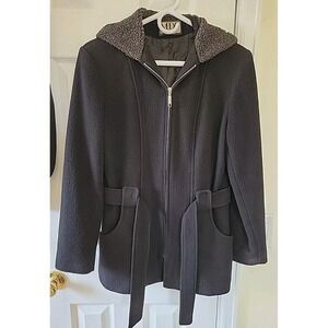 Mario‎ De Pinto Wool Blend Hooded Coat Jacket Black Made in USA Zip Front Size S